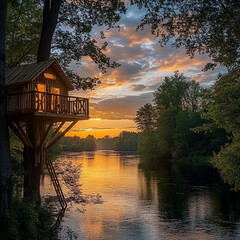 Fototapeta premium Wooden Treehouse Overlooking a Calm River at Sunset