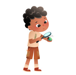 Curious little boy character examines an insect or a bug with magnifying glass. Childhood study and education in entomology and biology. Cartoon vector illustration of a boy child studying bugs.