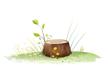 Tree Stump with Wildflowers and Foliage in a Meadow for children. Tree stump in the middle of a grassy forest meadow with flowers. Isolated nature clipart illustration in watercolor style for kids.