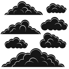 Collection of stylized storm drawn clouds in silhouette set vector thought bubbles