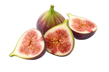Fresh figs with one whole fruit and two cut figs showcasing their vibrant red interiors, ideal for healthy eating and culinary themes