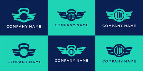 Set of Fly gym logo design with unique wing combine