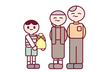 敬老の日のプレゼントを渡す子供と祖父母のイラスト