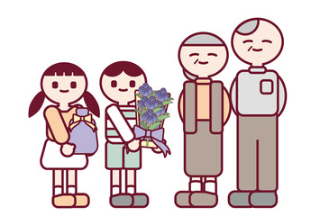 敬老の日にお花とプレゼントを渡す子供と祖父母のイラスト