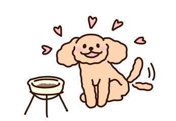 尻尾を振って笑顔でご飯を楽しみに待つプードルのイラスト
