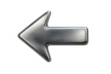 Metallic silver left-pointing arrow, sleek design against transparent backdrop, perfect for digital navigation icons