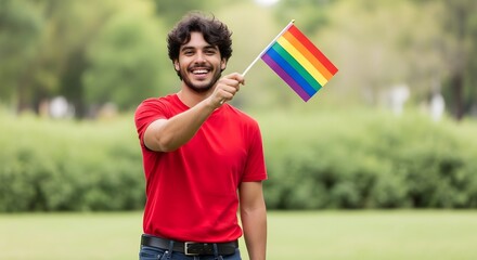 Joyful man celebrates lgbtq+ pride while waving the rainbow flag in a park setting.