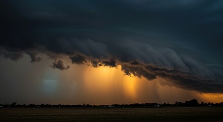 Dark storm clouds hang low over a field with rain and light shafts.