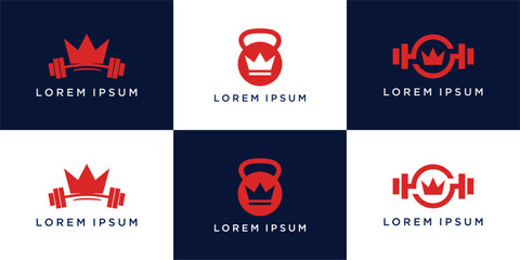 Set of king fitness logo design with crown combine