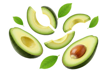 Flying fresh avocado fruits and leaves in half isolated on transparent background.