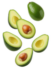 Falling fresh avocado fruits whole and cut in half isolated on transparent background.