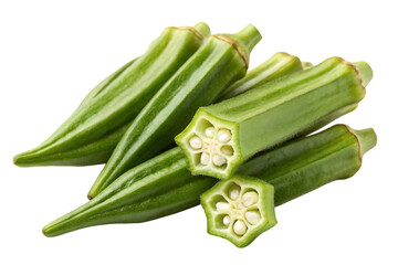 Fresh green okra pods, whole and sliced, creating a visually appealing arrangement of this healthy vegetable ingredient