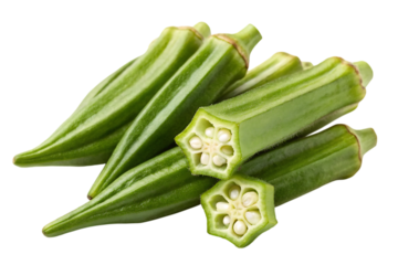 Fresh green okra pods, whole and sliced, creating a visually appealing arrangement of this healthy vegetable ingredient