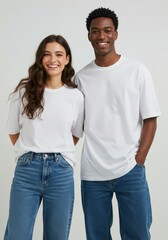 White t-shirt mockup template. Happy young couple wearing plain white t-shirts and blue jeans, smiling cheerfully on neutral gray studio background. Man and woman, standing together in casual outfits