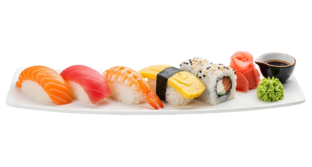 Sushi platter with salmon tuna shrimp and california roll on transparent background
