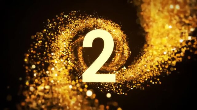 Abstract award background with swirling golden particles in a countdown vortex. Elegant, festive atmosphere. Glowing light rays, smooth motion, seamless loop. Perfect for holiday, celebration, or cere