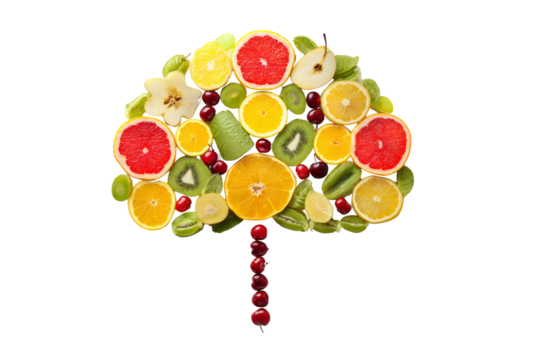 Creative arrangement of sliced grapefruit oranges lemons kiwi pears grapes cherries and starfruit to mimic a tree