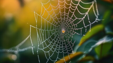 A spiderweb covered in dew drops hanging between green leaves in the soft morning light outdoors