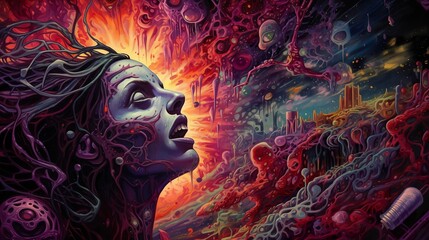 Fototapeta premium Woman Alien in Chaos Landscape, Psychedelic Art