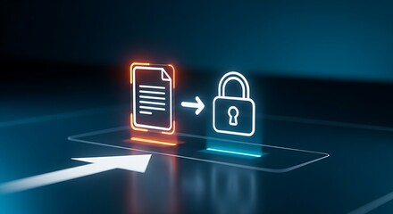 Data encryption concept. A simple hologram shows a document icon transforming into a padlock icon, illustrating data security and protection.
