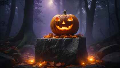 Magical Jack-o'-Lantern on Stone Pedestal in Misty Forest 