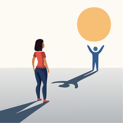 Fototapeta premium Shadowy figure watching someone succeed in light, symbolizing jealousy and personal comparison in vector format.