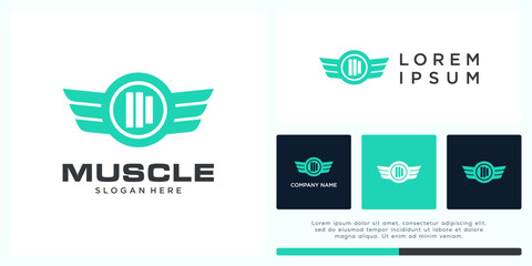 Muscle gym logo design with abstract barbell and wing