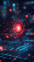 Obraz premium A futuristic laptop with a glowing red target and arrow surrounded by bokeh lights in the dark