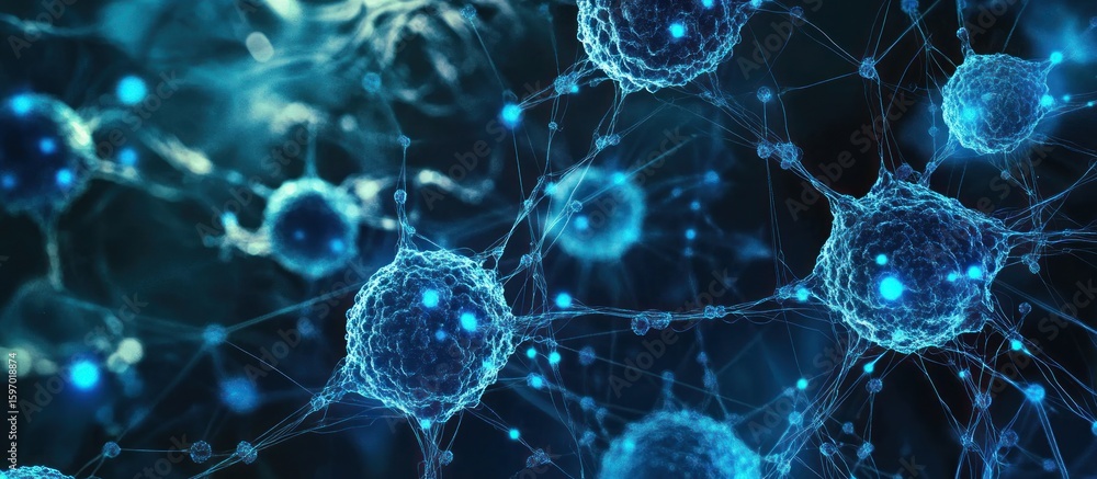 Poster a mesmerizing network of interconnected blue neurons, showcasing intricate neural pathways and cellu