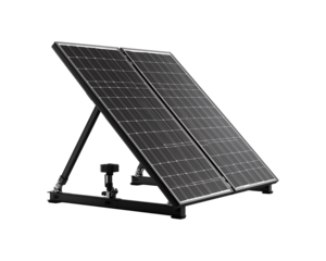 A single solar panel with a metallic frame and stand tilted upwards against a transparent background