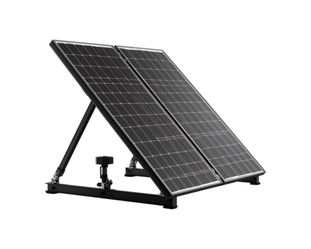 A single solar panel with a metallic frame and stand tilted upwards against a transparent background