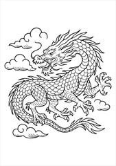 Fototapeta premium Traditional Asian dragon in tattoo style – Black and white vector illustration with clouds