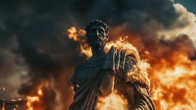 Roman emperor statue like Nero burning in flames representing civilizational crisis and imperial decline with classical sculpture consumed by fire