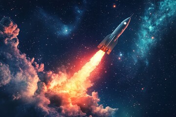 Naklejka premium A rocket launching into a starry night sky with vibrant clouds and a nebula in the background view