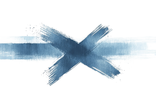 A bold blue "X" painted with broad brushstrokes dominates the frame
