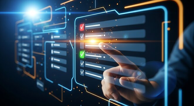 Bug tracking and software development concept. A programmer's finger checks off a single item on a holographic bug list, turning it from red to green.
