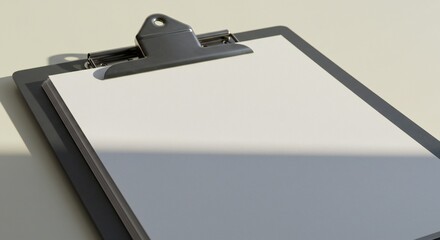 Clipboard with blank white paper in soft natural light, dark plastic materials, minimalist composition, focus on simplicity.