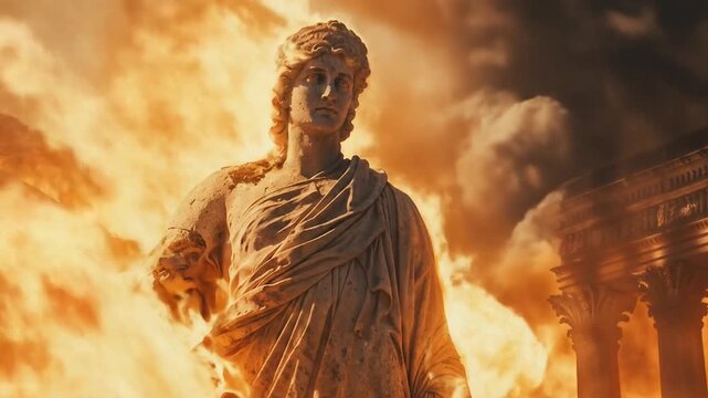 Classical Roman statue engulfed in devastating flames symbolizes fall of ancient empire and destruction of timeless civilization heritage under fiery assault.
