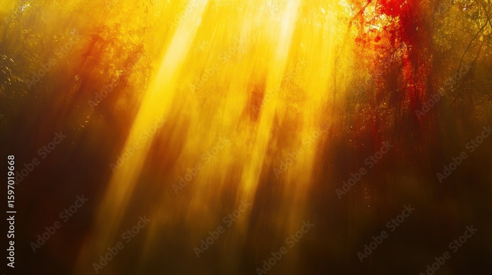 Poster golden light streams through a forest canopy, illuminating the trees and foliage with a warm, ethere