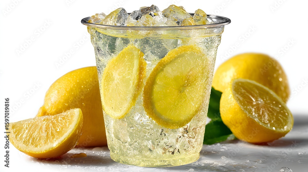 Poster refreshing lemonade with ice and lemon slices