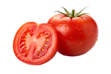 Fresh and vibrant tomato featuring a juicy cut half alongside a whole tomato, adorned with refreshing water droplets for a vibrant look