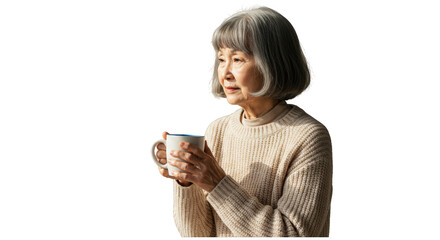 Senior woman thoughtfully holding a coffee cup, contemplative expression.