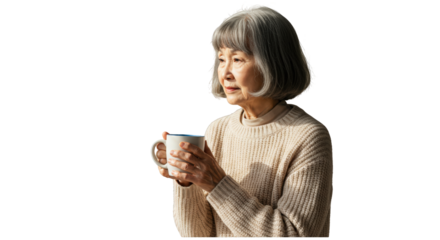 Senior woman thoughtfully holding a coffee cup, contemplative expression.