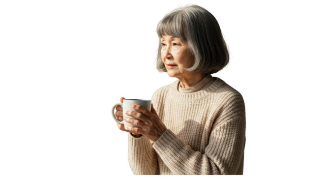 Senior woman thoughtfully holding a coffee cup, contemplative expression.