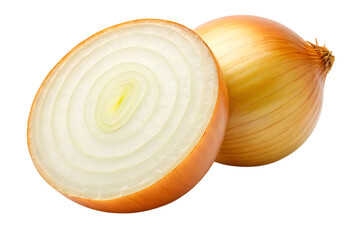 Close-up of a halved onion next to a whole onion showcasing its layers and texture, ideal for culinary and food-related projects