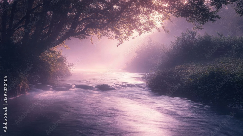 Poster a serene river flows gently under a canopy of trees, bathed in soft, ethereal light, creating a tran