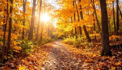 Obraz premium Golden autumn path through a forest. Sunlight streams through vibrant fall foliage