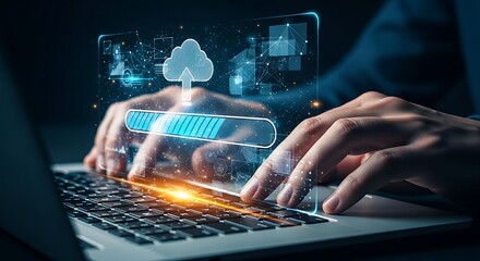 Cloud upload concept. A clean holographic progress bar floats above a laptop keyboard, showing a file being successfully transferred to the cloud.