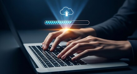 Cloud upload concept. A clean holographic progress bar floats above a laptop keyboard, showing a file being successfully transferred to the cloud.