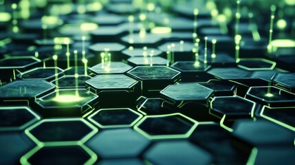 Obraz premium A futuristic honeycomb grid with glowing green accents creates a high-tech, abstract design perfect for science, technology, or innovative concepts and modern backgrounds.